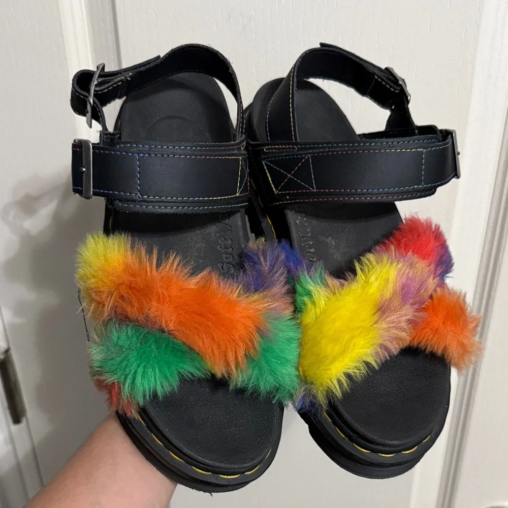 Dr. Martens Voss II Fluffy Faux Fur Sandals Pride Rainbowcore Maximalist Utility